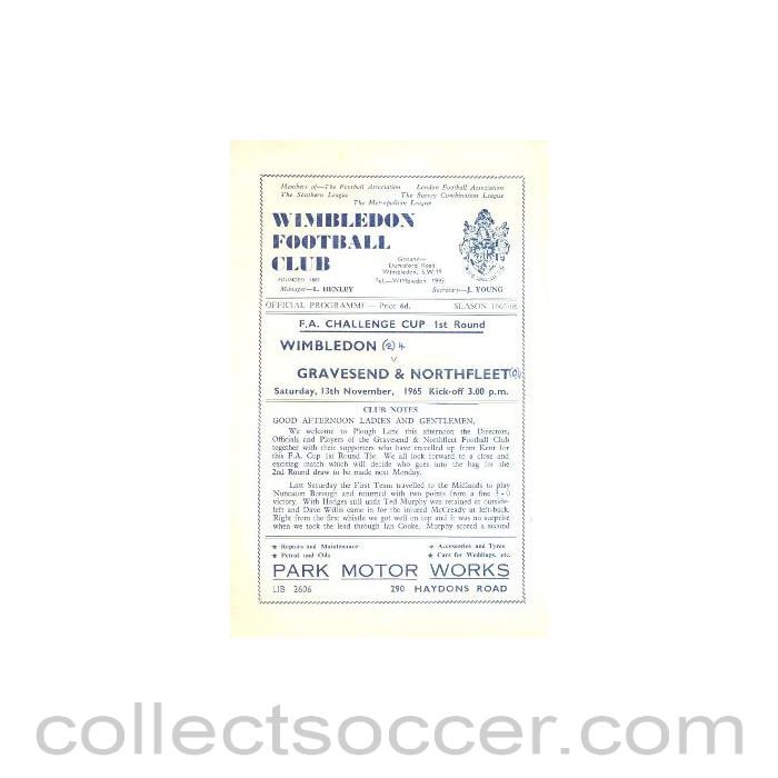 1965 - Wimbledon v Gravesend & Northfleet official programme 13/11/1965