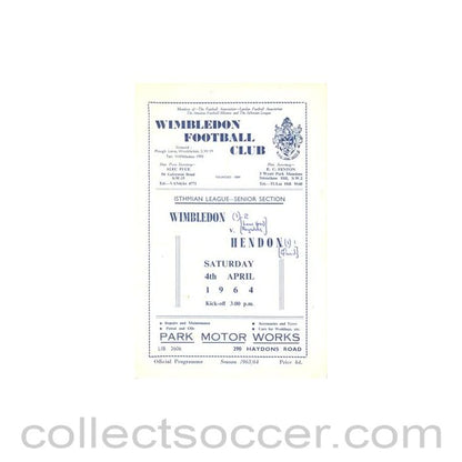 1964 - Wimbledon v Hendon official programme 04/04/1964