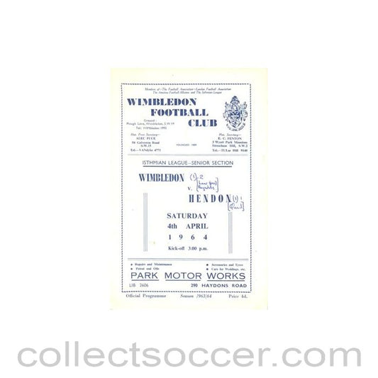 1964 - Wimbledon v Hendon official programme 04/04/1964