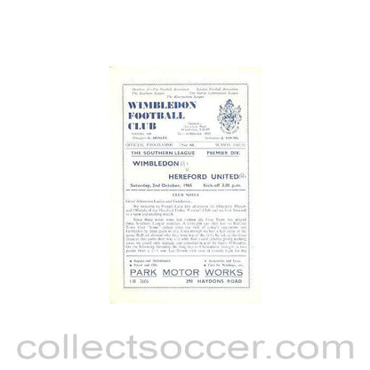 1965 - Wimbledon v Hereford United official programme 02/10/1965