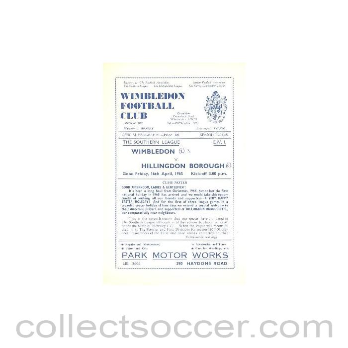 1965 - Wimbledon v Hillingdon Borough official programme 16/04/1965