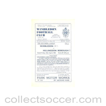 1965 - Wimbledon v Hillingdon Borough official programme 16/04/1965