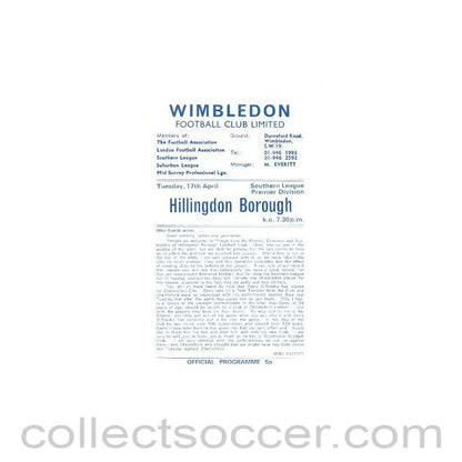 1973 - Wimbledon v Hillingdon Borough official programme 17/04/1973