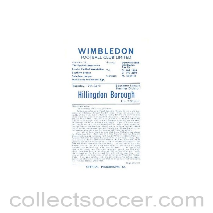 1973 - Wimbledon v Hillingdon Borough official programme 17/04/1973