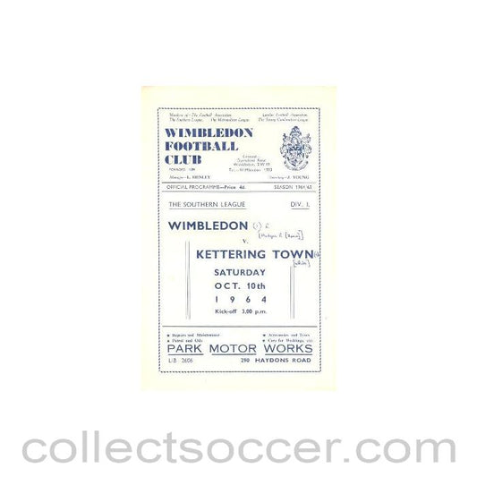 1964 - Wimbledon v Kettering Town official programme 07/11/1964