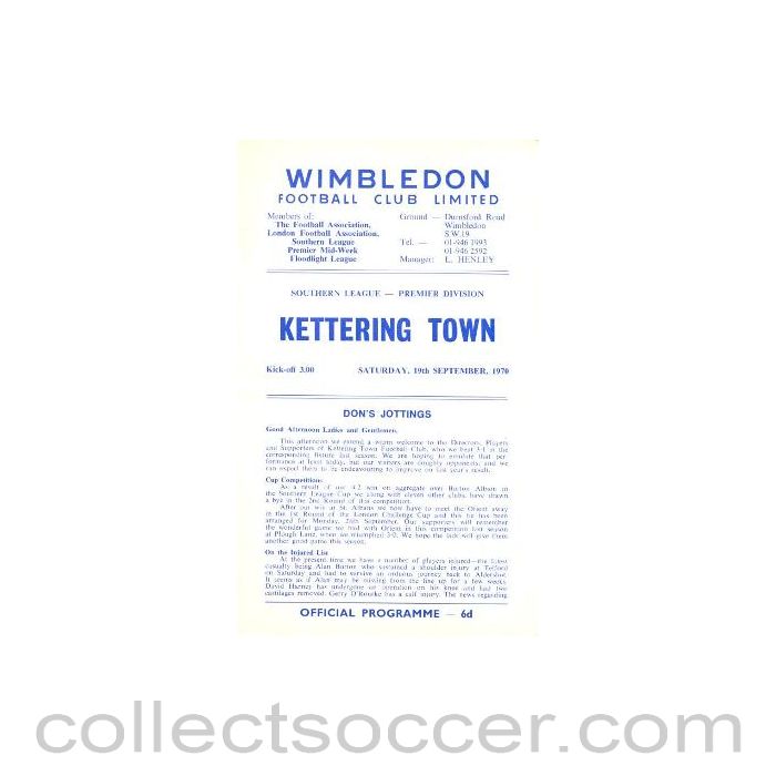 1970 - Wimbledon v Kettering Town official programme 19/09/1970