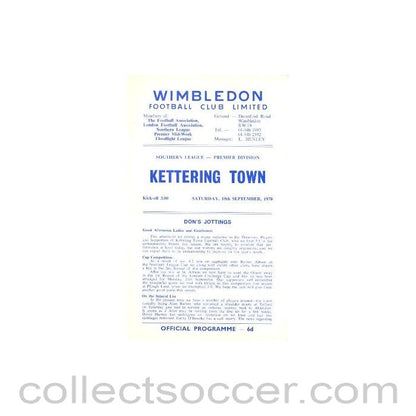 1970 - Wimbledon v Kettering Town official programme 19/09/1970