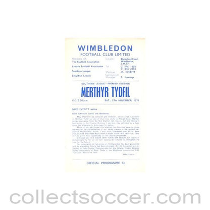 1971 - Wimbledon v Merthyr Tydfil official programme 27/11/1971