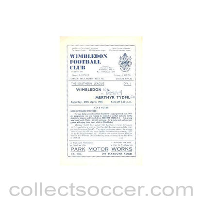 1965 - Wimbledon v Merthyr Tydfil official programme 24/04/1965