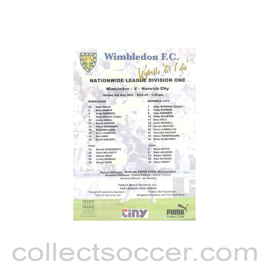 2001 - Wimbledon v Norwich City official colour teamsheet 06/05/2001 Football League
