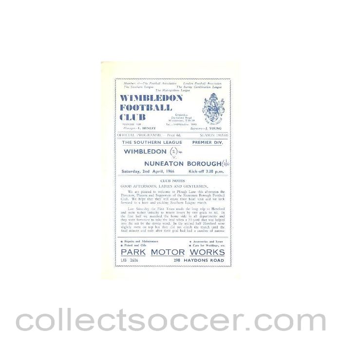 1966 - Wimbledon v Nuneaton Borough official programme 02/04/1966