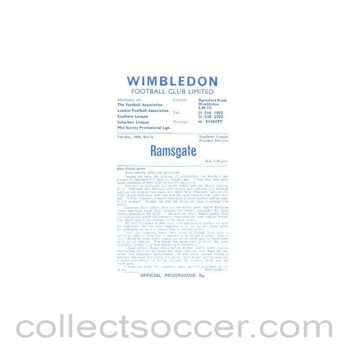 1973 - Wimbledon v Ramsgate official programme 20/03/1973