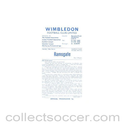 1973 - Wimbledon v Ramsgate official programme 20/03/1973