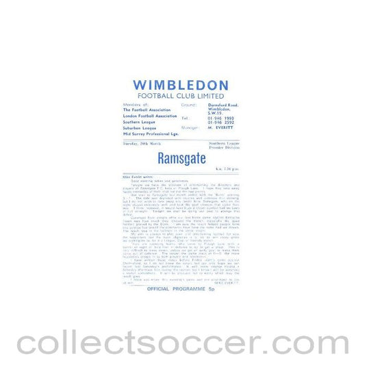 1973 - Wimbledon v Ramsgate official programme 20/03/1973