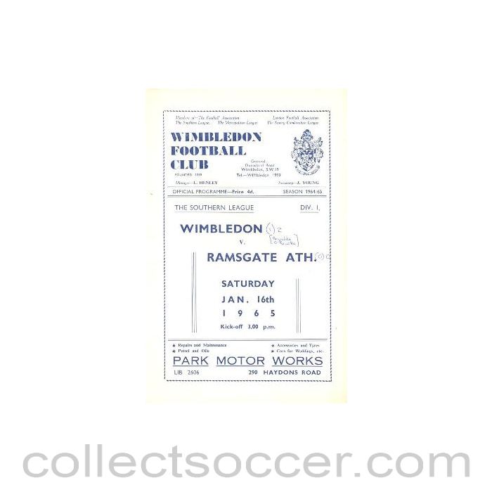 1965 - Wimbledon v Ramsgate Athletic official programme 16/01/1965