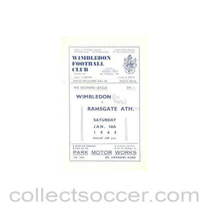 1965 - Wimbledon v Ramsgate Athletic official programme 16/01/1965