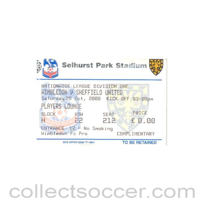 2000 - Wimbledon v Sheffield United ticket 28/10/2000 Football League