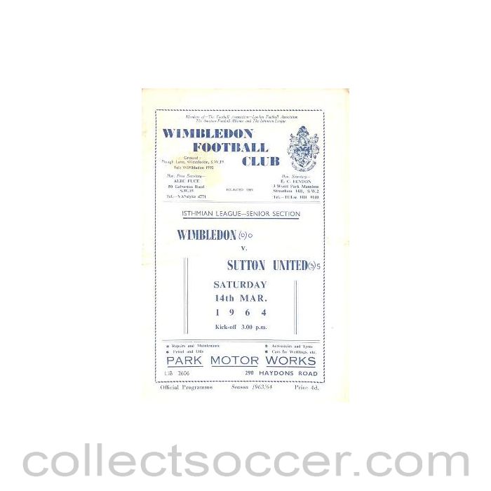 1964 - Wimbledon v Sutton United official programme 14/03/1964