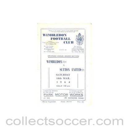 1964 - Wimbledon v Sutton United official programme 14/03/1964