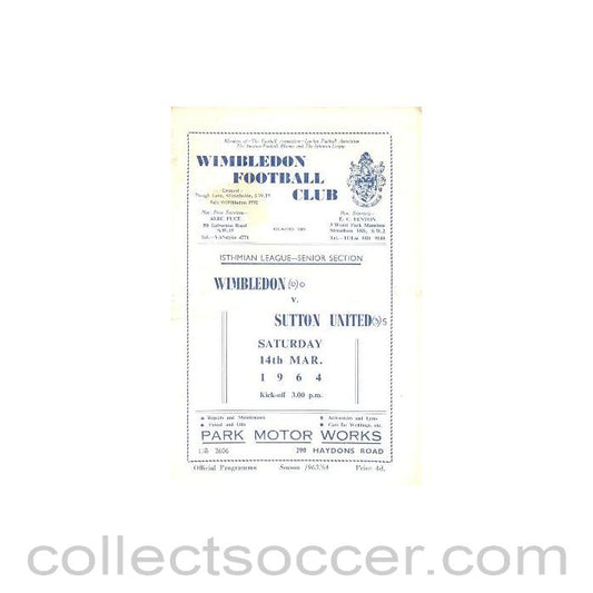 1964 - Wimbledon v Sutton United official programme 14/03/1964
