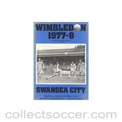 1977 - Wimbledon v Swansea City official programme 05/11/1977