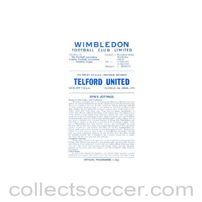 1971 - Wimbledon v Telford United official programme 06/04/1971