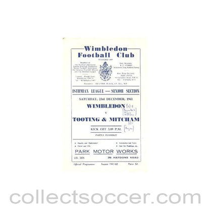 1961 - Wimbledon v Tooting & Mitcham official programme 23/12/1961