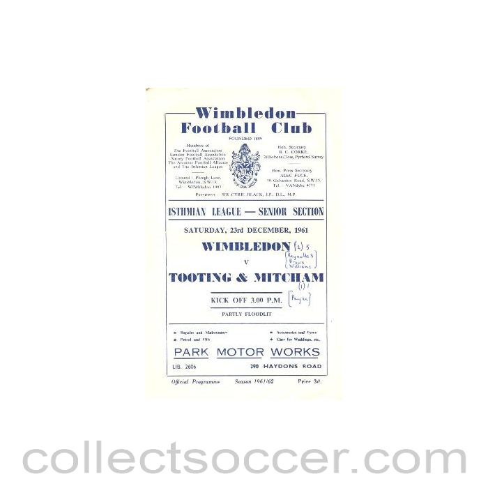 1961 - Wimbledon v Tooting & Mitcham official programme 23/12/1961