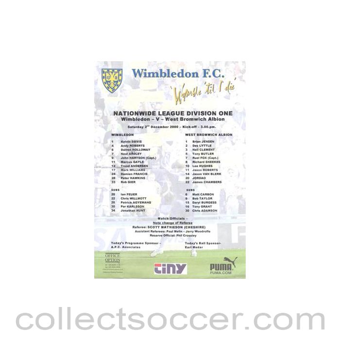 2000 - Wimbledon v West Bromwich Albion official colour teamsheet 02/12/2000 Football League
