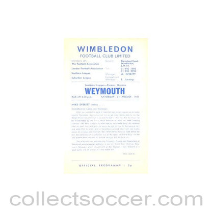 1971 - Wimbledon v Weymouth official programme 21/08/1971