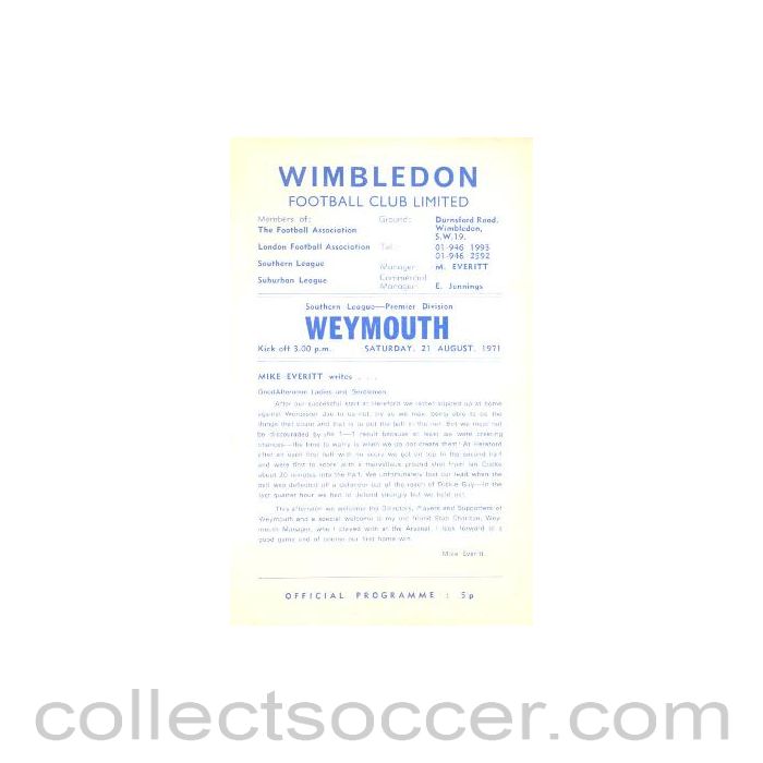 1971 - Wimbledon v Weymouth official programme 21/08/1971