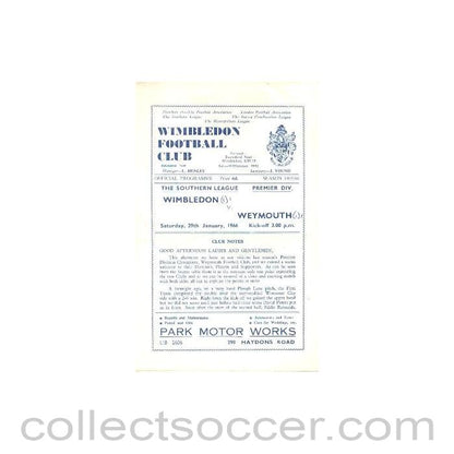 1966 - Wimbledon v Weymouth official programme 29/01/1966