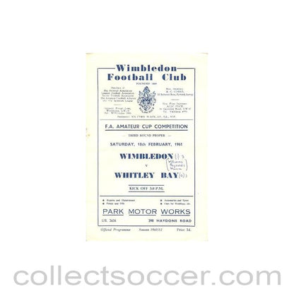 1961 - Wimbledon v Whitley Bay official programme 18/02/1961