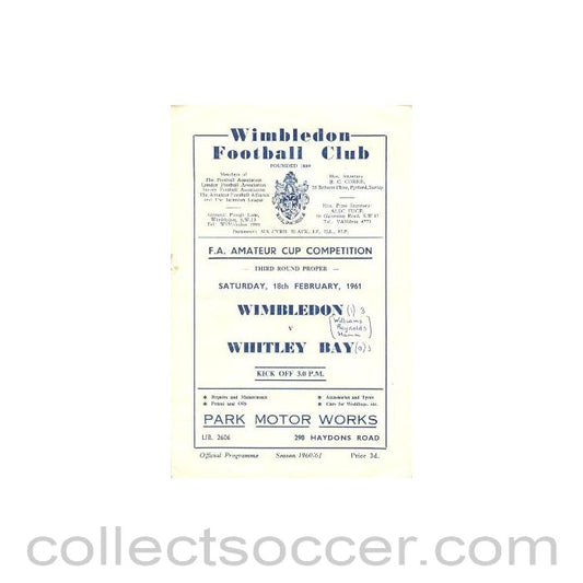 1961 - Wimbledon v Whitley Bay official programme 18/02/1961