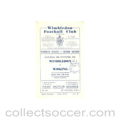 1961 - Wimbledon v Woking official programme 25/11/1961