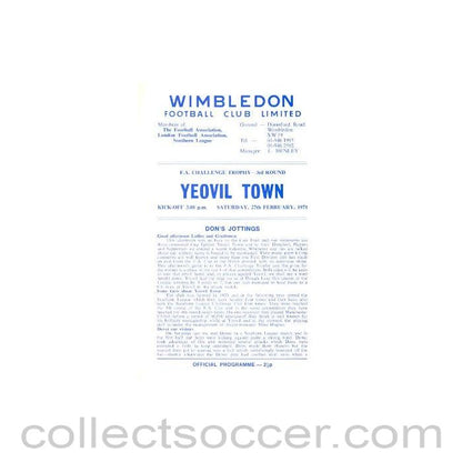 1971 - Wimbledon v Yeovil Town official programme 27/02/1971