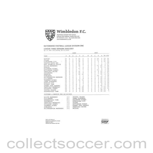 2000 - Wimbledon FC Football League Division One Table 2000-2001 up to & incl. 28/10/2000