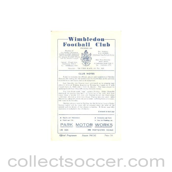 1960 - Wimbledon Reserves v Barking Reserves official programme 02/12/1960