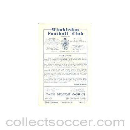 1960 - Wimbledon Reserves v Barking Reserves official programme 02/12/1960
