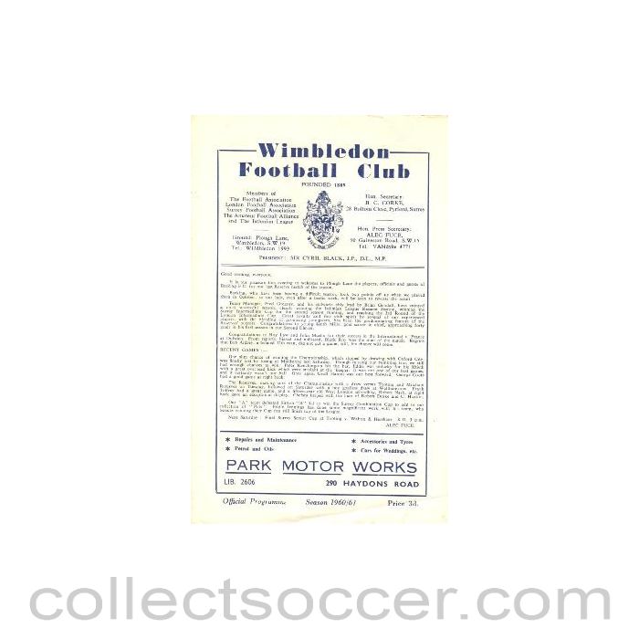 1961 - Wimbledon Reserves v Barking Reserves official programme 06/05/1961