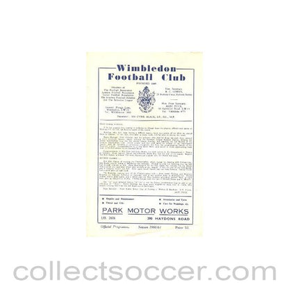 1961 - Wimbledon Reserves v Barking Reserves official programme 06/05/1961
