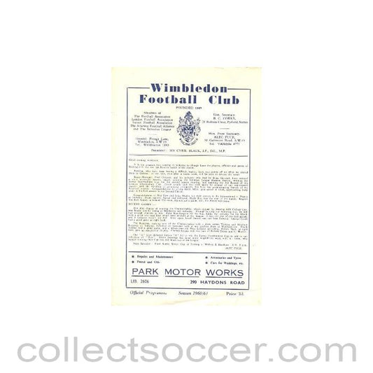 1961 - Wimbledon Reserves v Barking Reserves official programme 06/05/1961