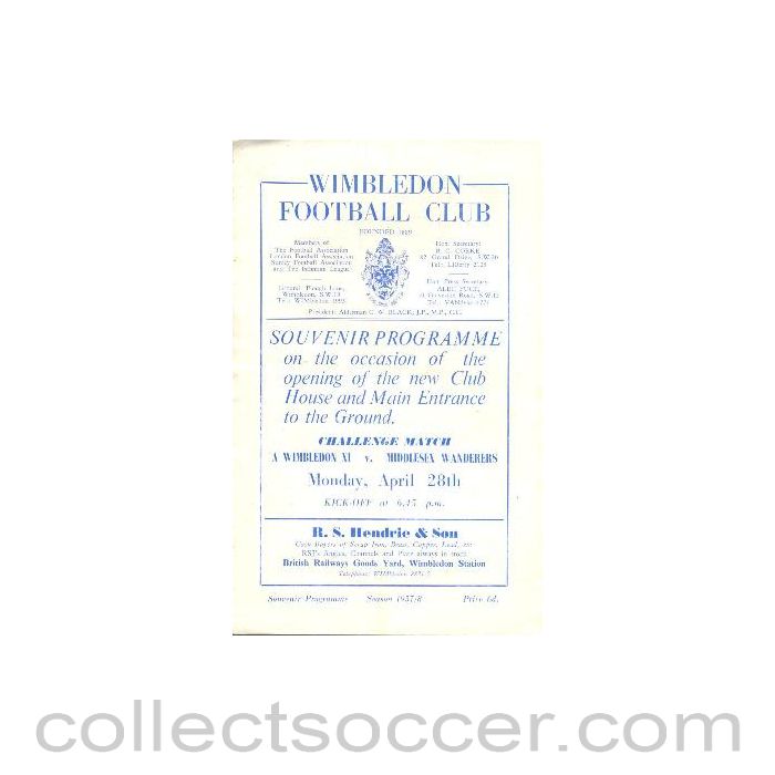 1958 - Wimbledon v Middlesex Wanderers official programme 28/04/1958