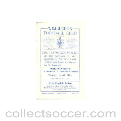 1958 - Wimbledon v Middlesex Wanderers official programme 28/04/1958