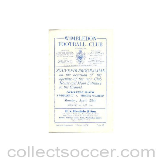 1958 - Wimbledon v Middlesex Wanderers official programme 28/04/1958