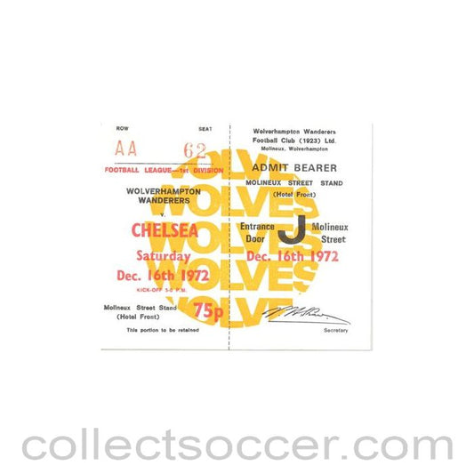 1972 - Wolverhampton Wanderers v Chelsea ticket 16/12/1972 Football League