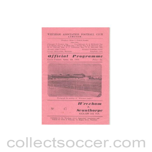 1958 - Wrexham v Scunthorpe official programme 04/04/1958 League