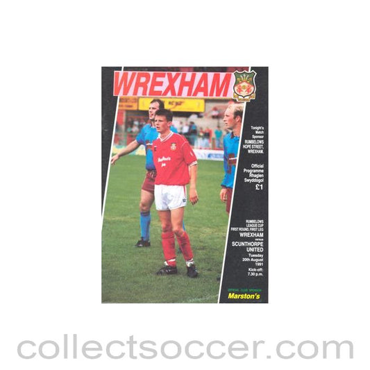 1991 - Wrexham v Scanthorpe United official programme 20/08/1991 Rumbelows League Cup