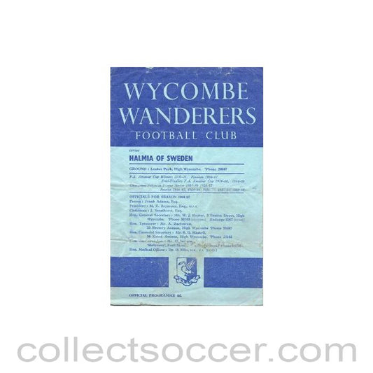 1966 - Wycombe Wanderers v Halmia Sweden official programme 18/10/1966 Friendly