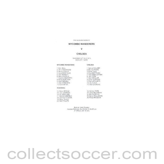 2010 - Wycombe Wanderars v Chelsea teamsheet 29/07/2010